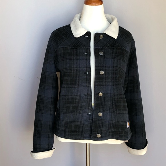 CARHARTT Cedar Jacket Sherpa Fleece Lined Bomber Blue Black Plaid Women LG 12/14 - Picture 1 of 15